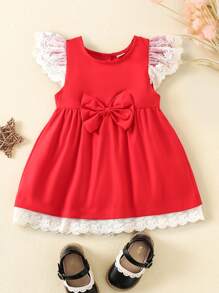 Đầm em bé Tương phản ren Nơ trước Khối Màu Dễ thương - Đỏ - Xem 1