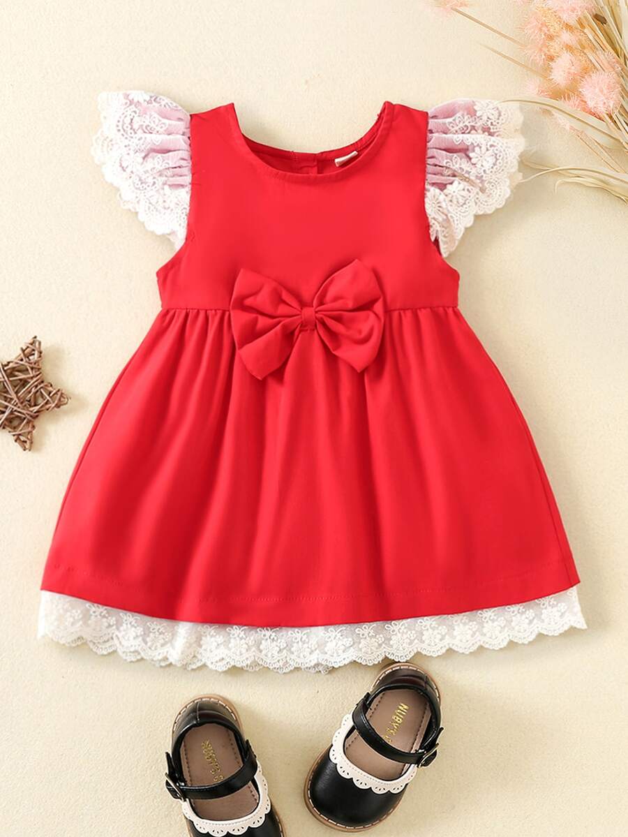 Đầm em bé Tương phản ren Nơ trước Khối Màu Dễ thương - Đỏ - Xem 1