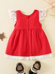 Đầm em bé Tương phản ren Nơ trước Khối Màu Dễ thương - Đỏ - Xem 2
