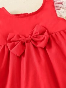 Đầm em bé Tương phản ren Nơ trước Khối Màu Dễ thương - Đỏ - Xem 5