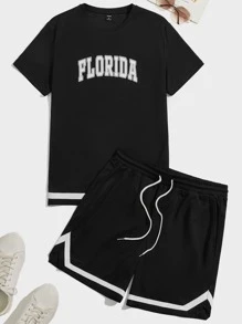 Manfinity RebelGame Men Letter Graphic Tee & Drawstring Waist Track Shorts - Black - View 1