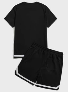 Manfinity RebelGame Men Letter Graphic Tee & Drawstring Waist Track Shorts - Black - View 2