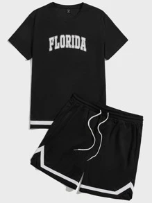 Manfinity RebelGame Men Letter Graphic Tee & Drawstring Waist Track Shorts - Black - View 3