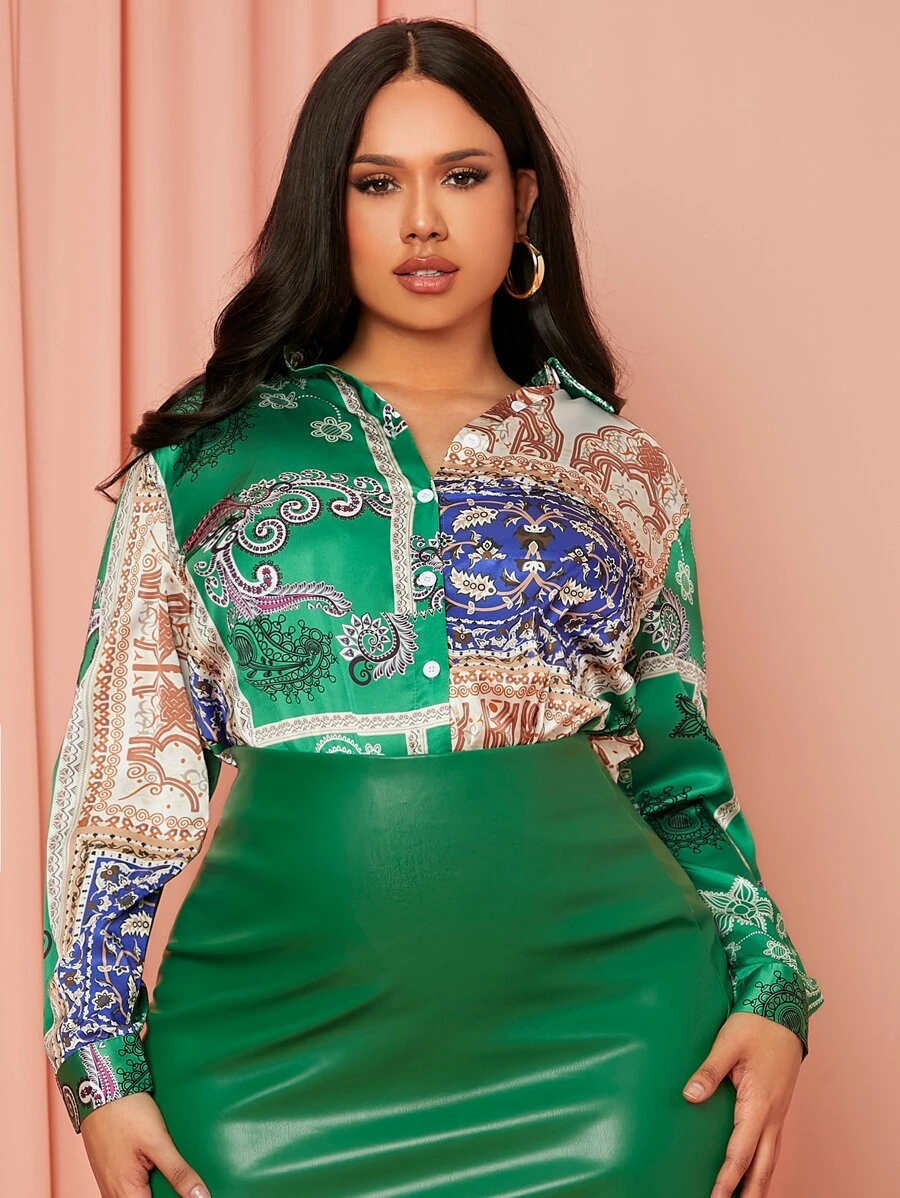 SHEIN SXY Plus Scarf Print Satin Shirt - Multicolor - View 1