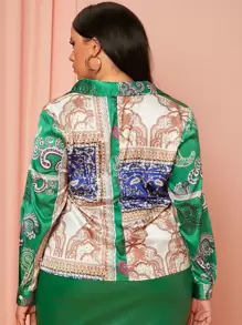 SHEIN SXY Plus Scarf Print Satin Shirt - Multicolor - View 2