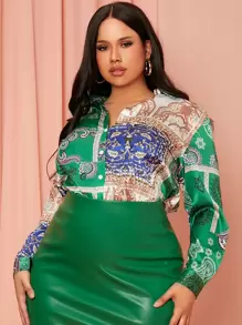 SHEIN SXY Plus Scarf Print Satin Shirt - Multicolor - View 4