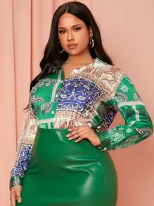 SHEIN SXY Plus Scarf Print Satin Shirt - Multicolor - View 5