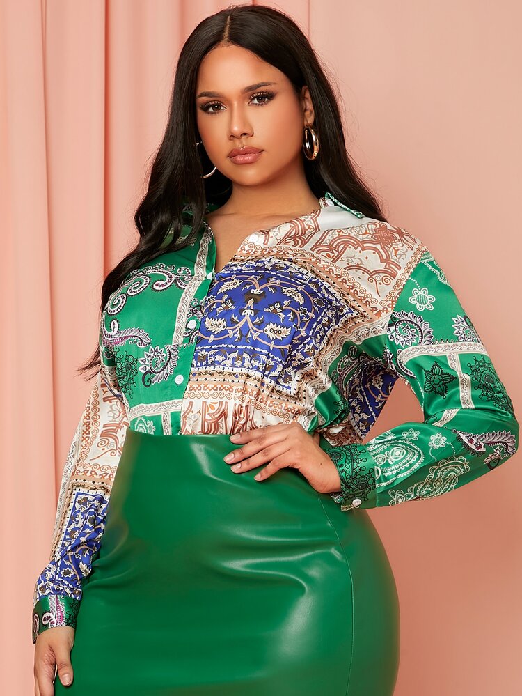 SHEIN SXY 大碼圍巾圖案緞面襯衫 - 彩色 - 查看 5