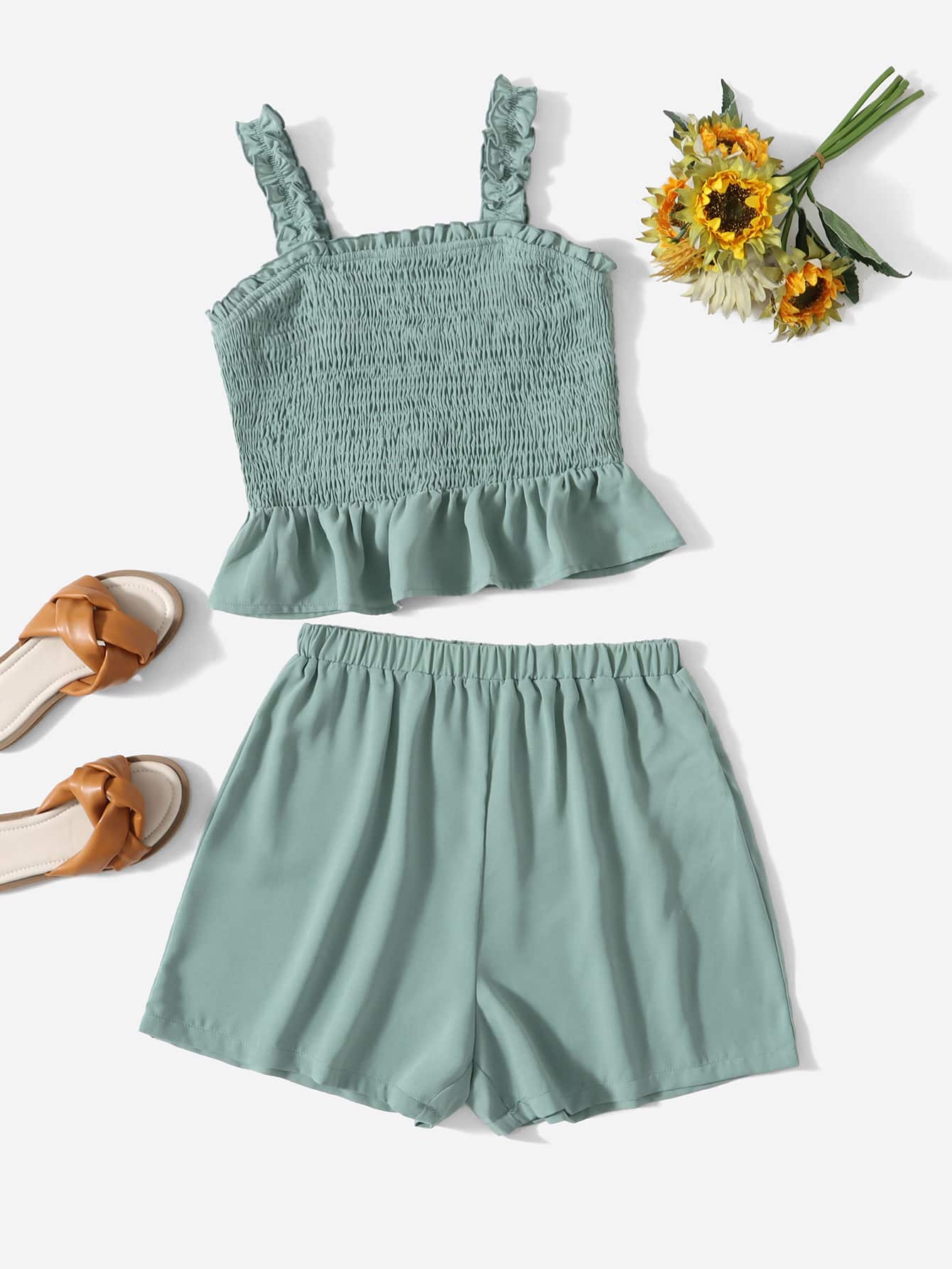 SHEIN Teen Girls Shirred Ruffle Hem Cami Top And Shorts Set - Mint Green - View 1