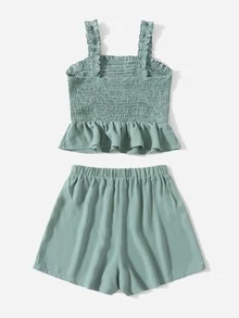 SHEIN Teen Girls Shirred Ruffle Hem Cami Top And Shorts Set - Mint Green - View 2
