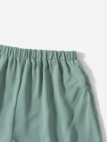 SHEIN Teen Girls Shirred Ruffle Hem Cami Top And Shorts Set - Mint Green - View 4