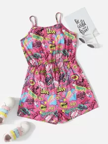 SHEIN Teen Girls Letter & Heart Print Cami Romper - Multicolor - View 1