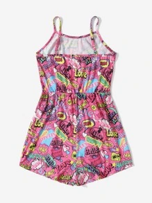 SHEIN Teen Girls Letter & Heart Print Cami Romper - Multicolor - View 2