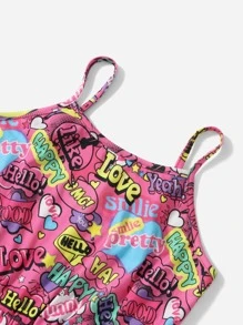 SHEIN Teen Girls Letter & Heart Print Cami Romper - Multicolor - View 3