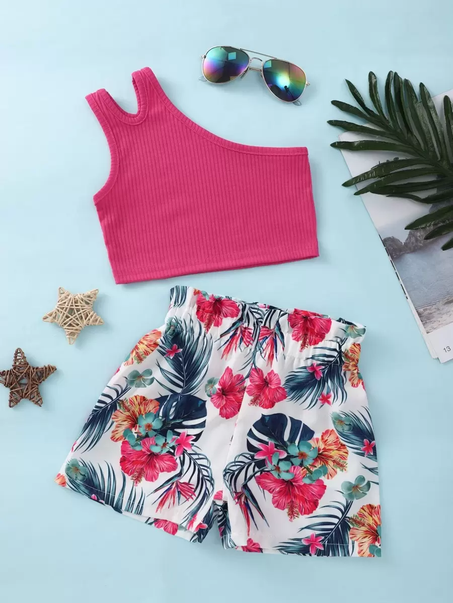 SHEIN Young Girl One Shoulder Cut Out Top & Tropical Print Shorts - Multicolor - View 1