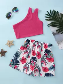 SHEIN Young Girl One Shoulder Cut Out Top & Tropical Print Shorts - Multicolor - View 2