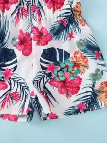 SHEIN Young Girl One Shoulder Cut Out Top & Tropical Print Shorts - Multicolor - View 4