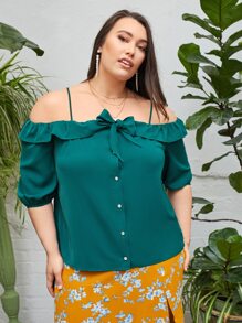 SHEIN Unity Plus Ruffle Trim Cold Shoulder Top - Dark Green - View 1