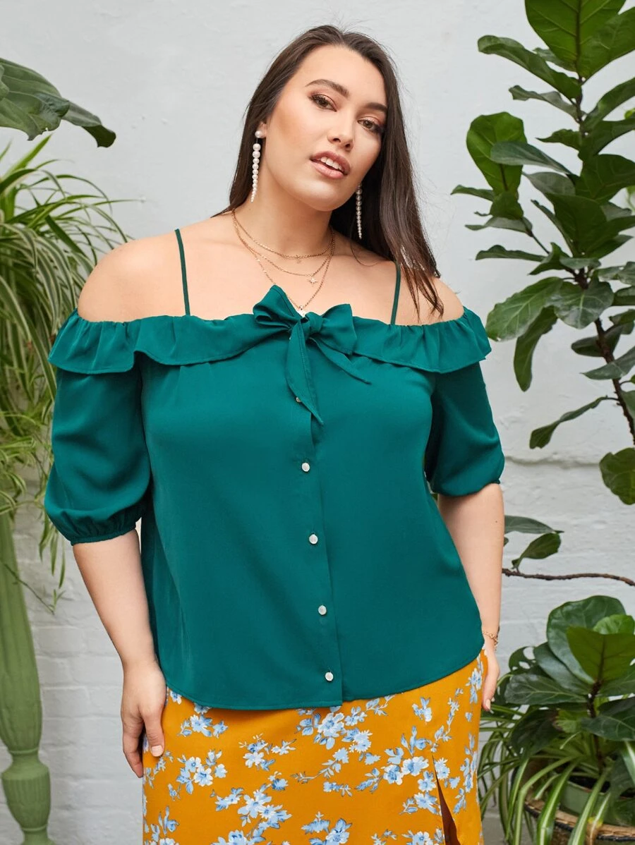 SHEIN Unity Plus Ruffle Trim Cold Shoulder Top - Dark Green - View 1