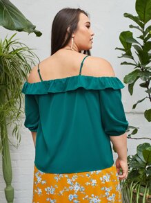SHEIN Unity Plus Ruffle Trim Cold Shoulder Top - Dark Green - View 2