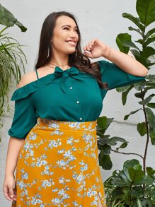 SHEIN Unity Plus Ruffle Trim Cold Shoulder Top - Dark Green - View 3