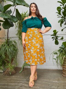 SHEIN Unity Plus Ruffle Trim Cold Shoulder Top - Dark Green - View 4