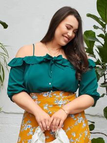 SHEIN Unity Plus Ruffle Trim Cold Shoulder Top - Dark Green - View 5