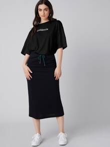 Mulvari Áo thun nữ Lá thư Giải trí - màu đen - Xem 3