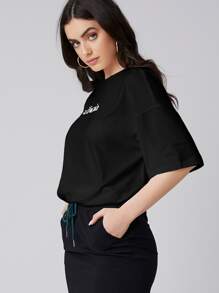 Mulvari Áo thun nữ Lá thư Giải trí - màu đen - Xem 4