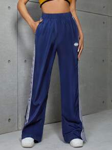 SHEIN EZwear Split Hem Wide Leg Trousers - Navy Blue - View 3