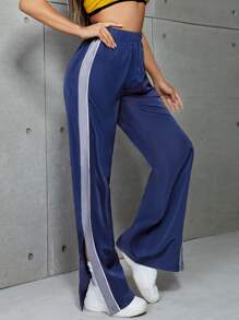SHEIN EZwear Split Hem Wide Leg Trousers - Navy Blue - View 4