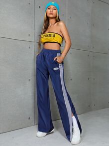 SHEIN EZwear Split Hem Wide Leg Trousers - Navy Blue - View 5