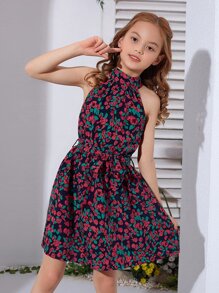 SHEIN Đầm Gái Thắt lưng Dây kéo Hoa Tất cả trên in Boho - Nhiều màu - Xem 3