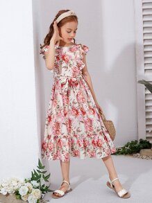 SHEIN 女孩印花荷葉邊蝴蝶袖繫腰帶連衣裙 - 彩色 - 查看 1