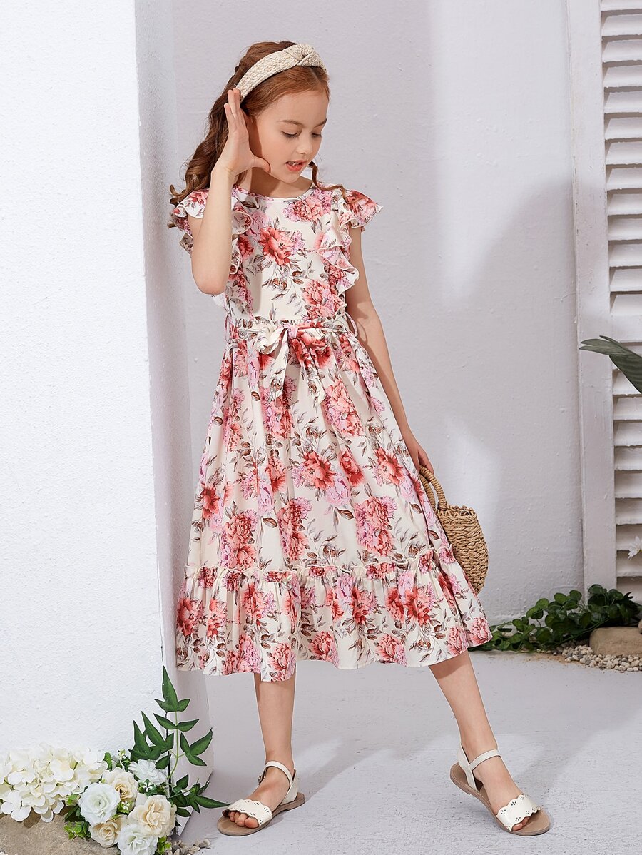 SHEIN 女孩印花荷葉邊蝴蝶袖繫腰帶連衣裙 - 彩色 - 查看 1