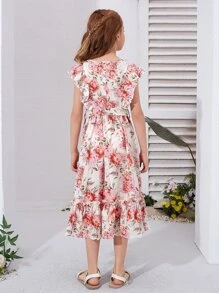 SHEIN 女孩印花荷葉邊蝴蝶袖繫腰帶連衣裙 - 彩色 - 查看 2