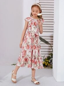 SHEIN 女孩印花荷葉邊蝴蝶袖繫腰帶連衣裙 - 彩色 - 查看 3