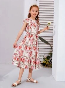 SHEIN 女孩印花荷葉邊蝴蝶袖繫腰帶連衣裙 - 彩色 - 查看 4