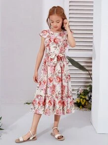 SHEIN 女孩印花荷葉邊蝴蝶袖繫腰帶連衣裙 - 彩色 - 查看 5