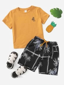 SHEIN Young Boy Coconut Tree Print Tee & Drawstring Waist Track Shorts - Multicolor - View 1