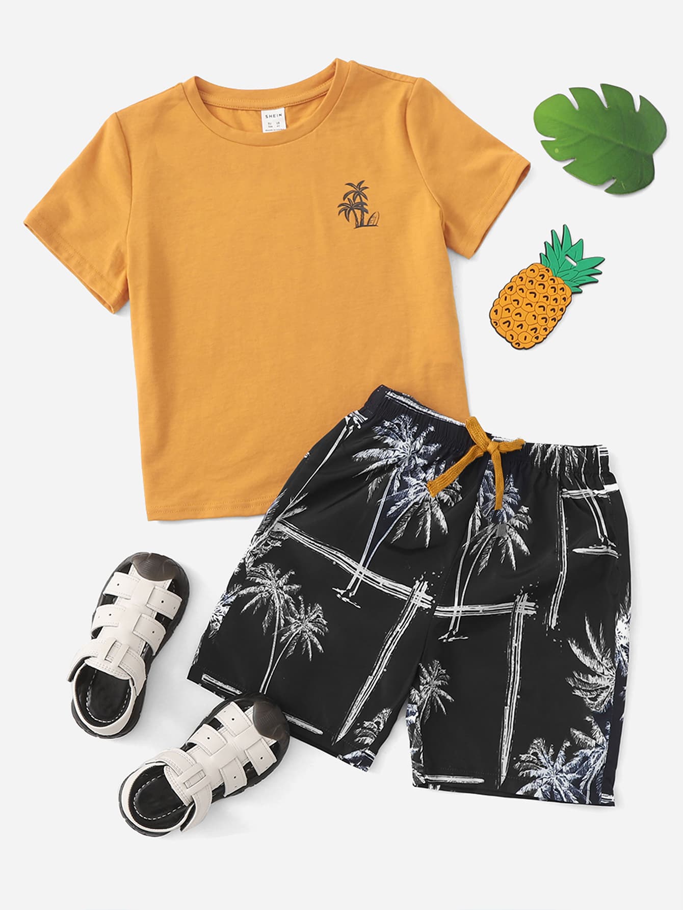 SHEIN Young Boy Coconut Tree Print Tee & Drawstring Waist Track Shorts - Multicolor - View 1