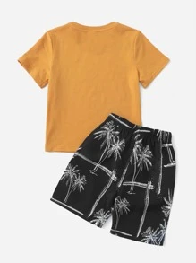 SHEIN Young Boy Coconut Tree Print Tee & Drawstring Waist Track Shorts - Multicolor - View 2