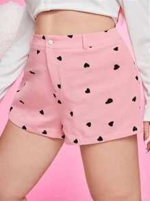 SHEIN EZwear Plus Heart Print High Waist Shorts - Dusty Pink - View 2