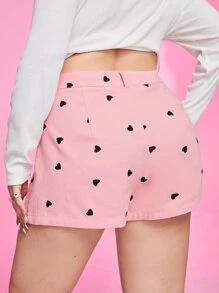 SHEIN EZwear Plus Heart Print High Waist Shorts - Dusty Pink - View 3