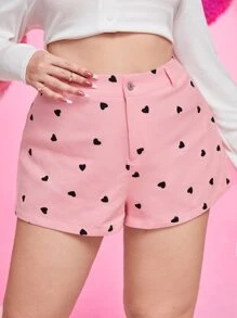 SHEIN EZwear Plus Heart Print High Waist Shorts - Dusty Pink - View 1