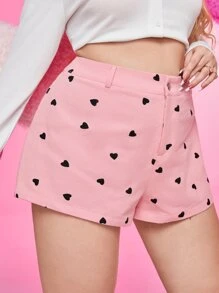 SHEIN EZwear Plus Heart Print High Waist Shorts - Dusty Pink - View 4