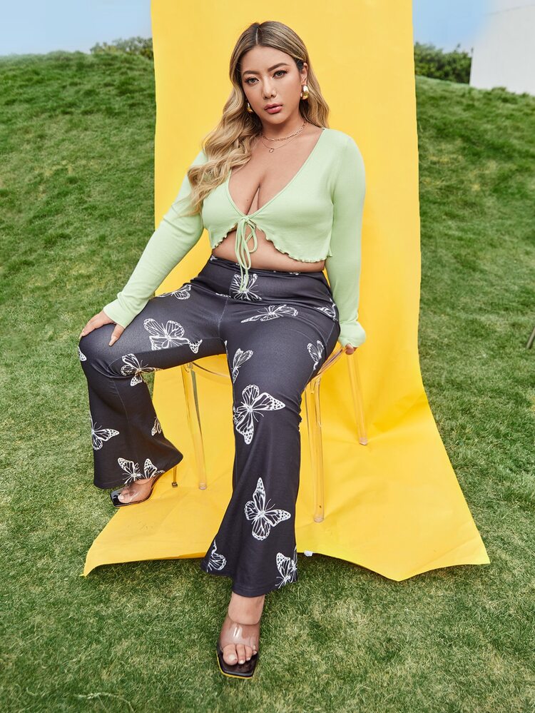 SHEIN Bộ thời trang Plus Size Xù nhỏ Thắt nơ trước Loại bướm Thanh lịch - Nhiều màu - Xem 3