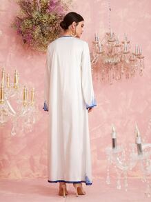 Al Najma Lace Trim Two Tone Slit Hem Dress - White - View 2
