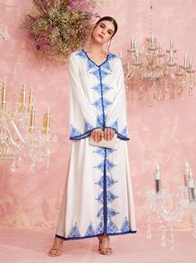 Al Najma Lace Trim Two Tone Slit Hem Dress - White - View 4