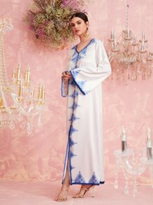 Al Najma Lace Trim Two Tone Slit Hem Dress - White - View 5